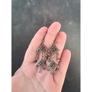 925 Sterling Silver Marcasite and Purple Crystal Beaded Dangling Earrings